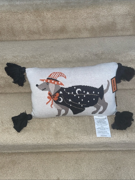 Ghoulish Other - Charming Black & Cream Halloween Dachshund Decorative Pillow -